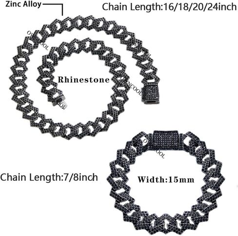 2 PCS Black Cuban Link Chain Iced Out Cuban Diamond Chain Necklace Bracelet Hip Hop Jewelry for Men Women in Kuwait
