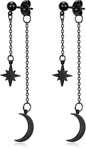 Moon Star Dangle Earrings for Women Dangly Chain Earring - Hypoallergenic Stainless Steel Unique Celestial Dangling Jewelry Silver Gold Black & Rainbow Boho Accessories in Kuwait