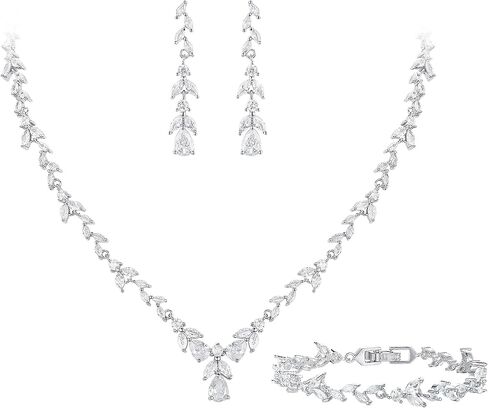 EVER FAITH Jewelry Set for Women Bride, Elegant Leaf Marquise Teardrop Cubic Zirconia Necklace Dangle Earrings Bracelet Set for Wedding Banquet Party in Kuwait