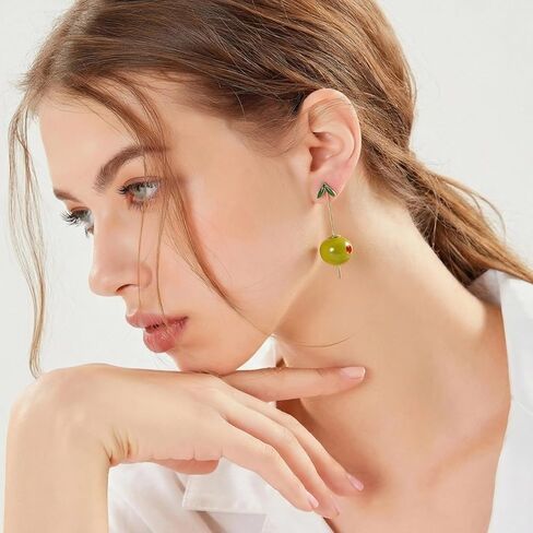 Statement Olive Earrings for Women, Asymmetrical Fruit Drop Design with Gold Stem, Fun Espresso Martini Earrings, Olive Green Fruit Jewelry Gifts for Cocktail Party & Holiday Decor in Kuwait