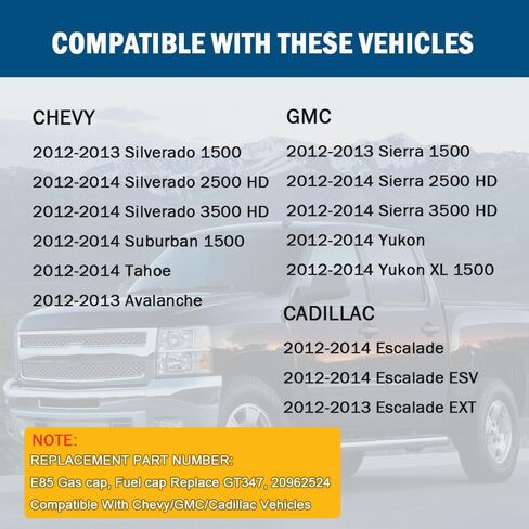 E85 غطاء خزان الوقود غطاء الغاز GT347، 20962524 متوافق مع 2012-2014 تشيفي شيفروليه جي إم سي كاديلاك، سيلفرادو 1500 2500 3500، أفالانش، تاهو، سييرا 1500 2500 3500، يوكون، يوكون XL، إسكاليد ESV EXT in Kuwait