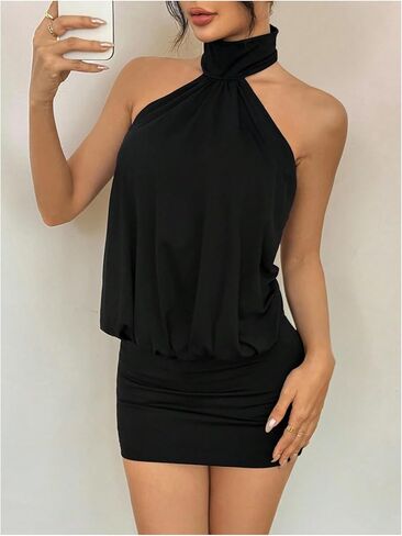 SHENHE Women's Open Back Mini Halter Dresses Sexy Sleeveless Ruched Bodycon Night Out Dress in Saudi Arabia