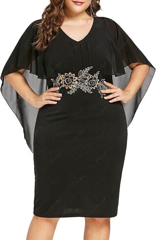 ROSE GAL Rosegal Plus Size Women Flower Applique Chiffon Overlay Bodycon Pencil Cape Dress for Wedding Cocktail Party Work in Saudi Arabia