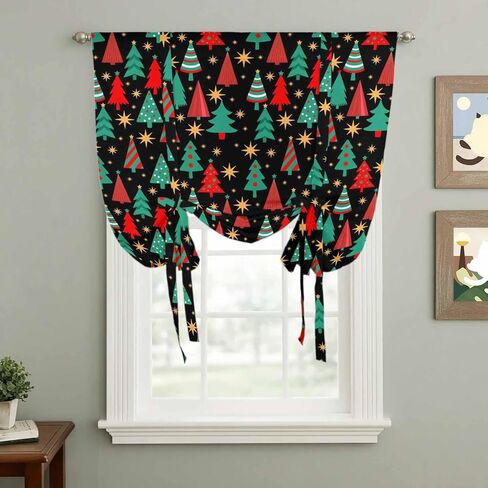 Christmas Trees Tie Up Curtains for Window, Black Xmas Tree Star Winter Holiday Thermal Insulated Balloon Shade Adjustable Rod Pocket Curtains Valance Panels for Kitchen Bathroom Café 52'' x 63'' in Saudi Arabia