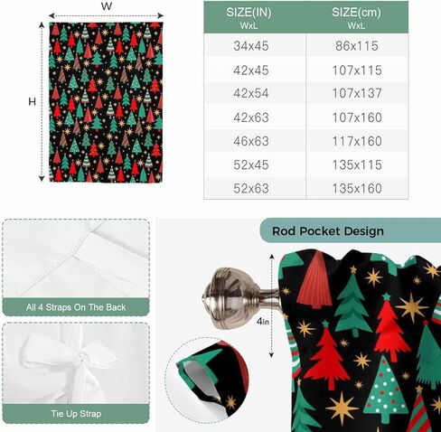 Christmas Trees Tie Up Curtains for Window, Black Xmas Tree Star Winter Holiday Thermal Insulated Balloon Shade Adjustable Rod Pocket Curtains Valance Panels for Kitchen Bathroom Café 52'' x 63'' in Saudi Arabia