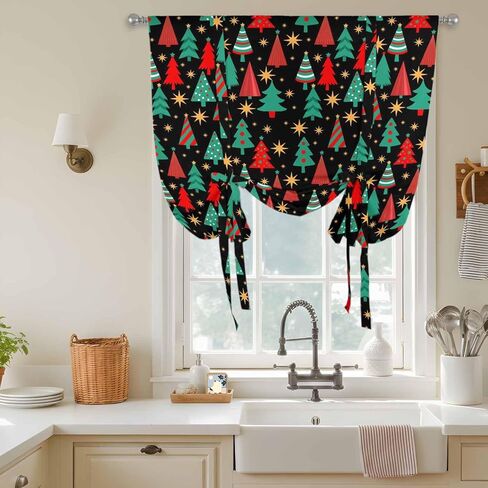 Christmas Trees Tie Up Curtains for Window, Black Xmas Tree Star Winter Holiday Thermal Insulated Balloon Shade Adjustable Rod Pocket Curtains Valance Panels for Kitchen Bathroom Café 52'' x 63'' in Saudi Arabia