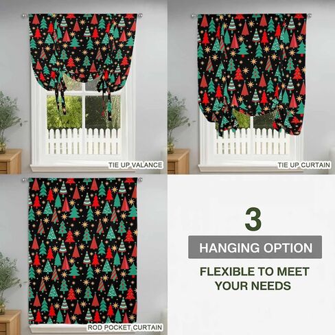 Christmas Trees Tie Up Curtains for Window, Black Xmas Tree Star Winter Holiday Thermal Insulated Balloon Shade Adjustable Rod Pocket Curtains Valance Panels for Kitchen Bathroom Café 52'' x 63'' in Saudi Arabia