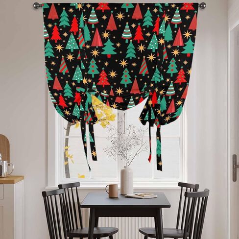 Christmas Trees Tie Up Curtains for Window, Black Xmas Tree Star Winter Holiday Thermal Insulated Balloon Shade Adjustable Rod Pocket Curtains Valance Panels for Kitchen Bathroom Café 52'' x 63'' in Saudi Arabia