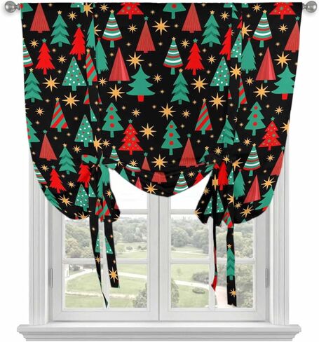 Christmas Trees Tie Up Curtains for Window, Black Xmas Tree Star Winter Holiday Thermal Insulated Balloon Shade Adjustable Rod Pocket Curtains Valance Panels for Kitchen Bathroom Café 52'' x 63'' in Saudi Arabia