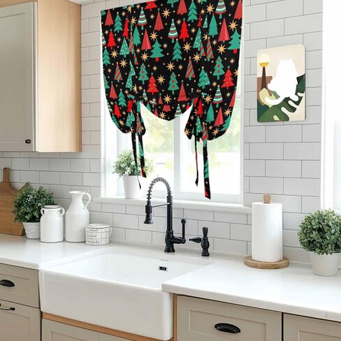 Christmas Trees Tie Up Curtains for Window, Black Xmas Tree Star Winter Holiday Thermal Insulated Balloon Shade Adjustable Rod Pocket Curtains Valance Panels for Kitchen Bathroom Café 52'' x 63'' in Saudi Arabia