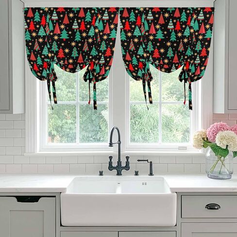 Christmas Trees Tie Up Curtains for Window, Black Xmas Tree Star Winter Holiday Thermal Insulated Balloon Shade Adjustable Rod Pocket Curtains Valance Panels for Kitchen Bathroom Café 52'' x 63'' in Saudi Arabia