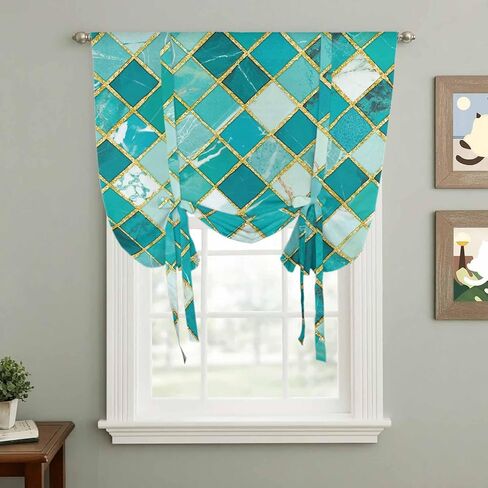 Turquoise Ombre Tie Up Curtains for Window, Modern Abstract Art Geometric Rhombus Thermal Insulated Balloon Shade Adjustable Rod Pocket Curtains Valance Panels for Kitchen Bathroom Café 42'' x 45'' in Saudi Arabia