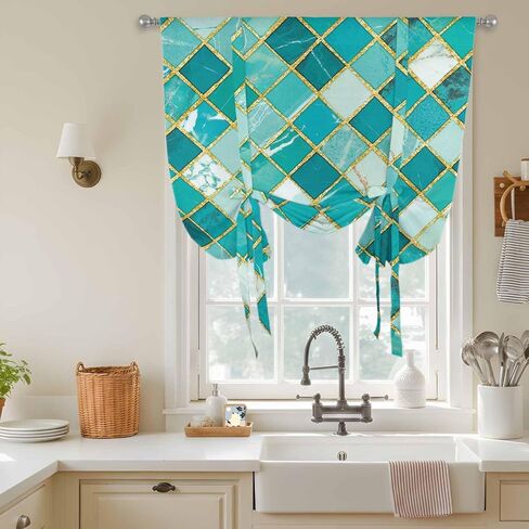 Turquoise Ombre Tie Up Curtains for Window, Modern Abstract Art Geometric Rhombus Thermal Insulated Balloon Shade Adjustable Rod Pocket Curtains Valance Panels for Kitchen Bathroom Café 42'' x 45'' in Saudi Arabia