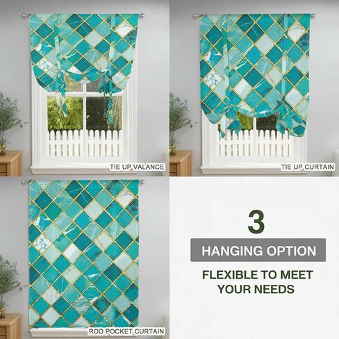 Turquoise Ombre Tie Up Curtains for Window, Modern Abstract Art Geometric Rhombus Thermal Insulated Balloon Shade Adjustable Rod Pocket Curtains Valance Panels for Kitchen Bathroom Café 42'' x 45'' in Saudi Arabia