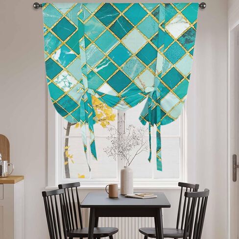 Turquoise Ombre Tie Up Curtains for Window, Modern Abstract Art Geometric Rhombus Thermal Insulated Balloon Shade Adjustable Rod Pocket Curtains Valance Panels for Kitchen Bathroom Café 42'' x 45'' in Saudi Arabia