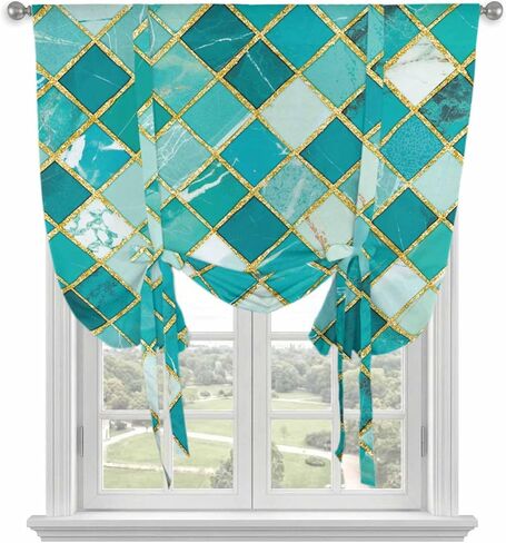 Turquoise Ombre Tie Up Curtains for Window, Modern Abstract Art Geometric Rhombus Thermal Insulated Balloon Shade Adjustable Rod Pocket Curtains Valance Panels for Kitchen Bathroom Café 42'' x 45'' in Saudi Arabia