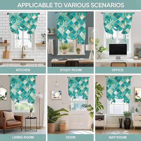 Turquoise Ombre Tie Up Curtains for Window, Modern Abstract Art Geometric Rhombus Thermal Insulated Balloon Shade Adjustable Rod Pocket Curtains Valance Panels for Kitchen Bathroom Café 42'' x 45'' in Saudi Arabia