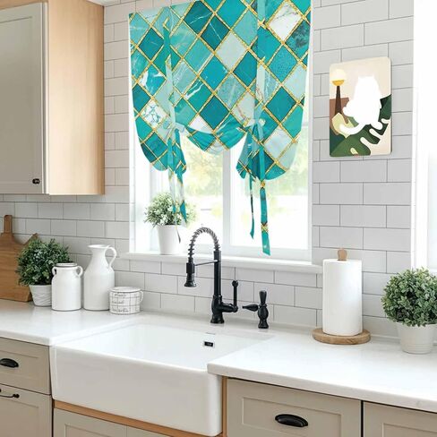 Turquoise Ombre Tie Up Curtains for Window, Modern Abstract Art Geometric Rhombus Thermal Insulated Balloon Shade Adjustable Rod Pocket Curtains Valance Panels for Kitchen Bathroom Café 42'' x 45'' in Saudi Arabia