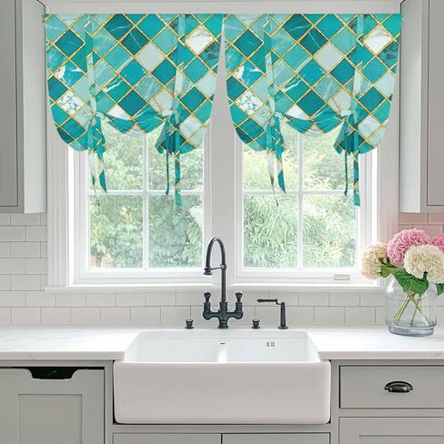 Turquoise Ombre Tie Up Curtains for Window, Modern Abstract Art Geometric Rhombus Thermal Insulated Balloon Shade Adjustable Rod Pocket Curtains Valance Panels for Kitchen Bathroom Café 42'' x 45'' in Saudi Arabia