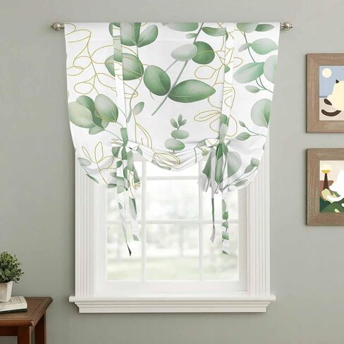 Green Eucalyptus Leaves Tie Up Curtains for Window, Spring Farmhouse Country Plant Thermal Insulated Balloon Shade Adjustable Rod Pocket Curtains Valance Panels for Kitchen Bathroom Café 52'' x 63'' in Saudi Arabia