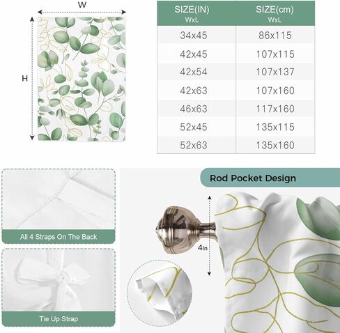 Green Eucalyptus Leaves Tie Up Curtains for Window, Spring Farmhouse Country Plant Thermal Insulated Balloon Shade Adjustable Rod Pocket Curtains Valance Panels for Kitchen Bathroom Café 52'' x 63'' in Saudi Arabia