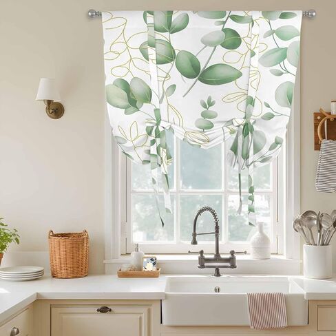 Green Eucalyptus Leaves Tie Up Curtains for Window, Spring Farmhouse Country Plant Thermal Insulated Balloon Shade Adjustable Rod Pocket Curtains Valance Panels for Kitchen Bathroom Café 52'' x 63'' in Saudi Arabia