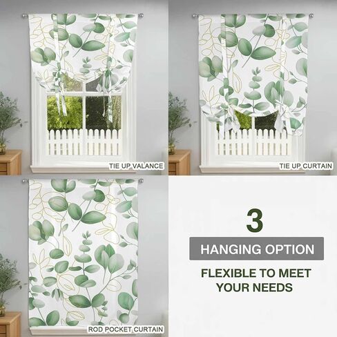 Green Eucalyptus Leaves Tie Up Curtains for Window, Spring Farmhouse Country Plant Thermal Insulated Balloon Shade Adjustable Rod Pocket Curtains Valance Panels for Kitchen Bathroom Café 52'' x 63'' in Saudi Arabia