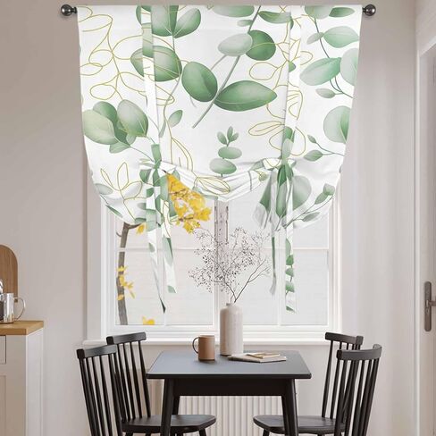 Green Eucalyptus Leaves Tie Up Curtains for Window, Spring Farmhouse Country Plant Thermal Insulated Balloon Shade Adjustable Rod Pocket Curtains Valance Panels for Kitchen Bathroom Café 52'' x 63'' in Saudi Arabia