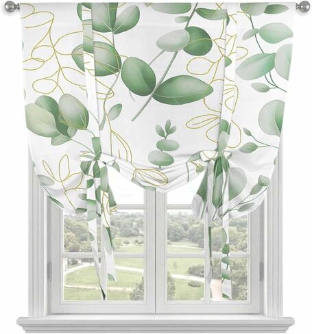 Green Eucalyptus Leaves Tie Up Curtains for Window, Spring Farmhouse Country Plant Thermal Insulated Balloon Shade Adjustable Rod Pocket Curtains Valance Panels for Kitchen Bathroom Café 52'' x 63'' in Saudi Arabia