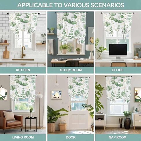 Green Eucalyptus Leaves Tie Up Curtains for Window, Spring Farmhouse Country Plant Thermal Insulated Balloon Shade Adjustable Rod Pocket Curtains Valance Panels for Kitchen Bathroom Café 52'' x 63'' in Saudi Arabia