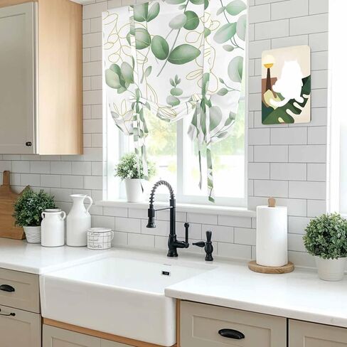 Green Eucalyptus Leaves Tie Up Curtains for Window, Spring Farmhouse Country Plant Thermal Insulated Balloon Shade Adjustable Rod Pocket Curtains Valance Panels for Kitchen Bathroom Café 52'' x 63'' in Saudi Arabia