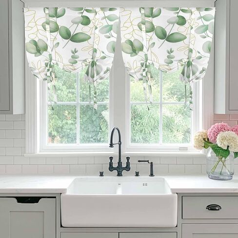Green Eucalyptus Leaves Tie Up Curtains for Window, Spring Farmhouse Country Plant Thermal Insulated Balloon Shade Adjustable Rod Pocket Curtains Valance Panels for Kitchen Bathroom Café 52'' x 63'' in Saudi Arabia