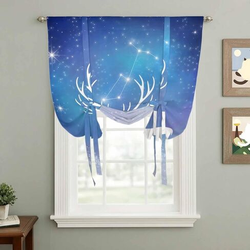 Blue Christmas Deer Tie Up Curtains for Window, Winter Xmas Elk Sky Stars Thermal Insulated Balloon Shade Adjustable Rod Pocket Curtains Valance Panels for Kitchen Bathroom Café 42'' x 63'' in Saudi Arabia