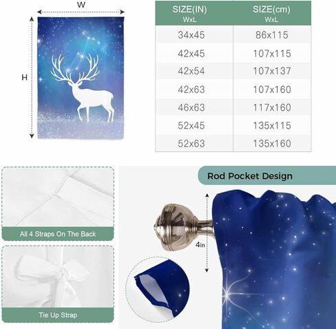 Blue Christmas Deer Tie Up Curtains for Window, Winter Xmas Elk Sky Stars Thermal Insulated Balloon Shade Adjustable Rod Pocket Curtains Valance Panels for Kitchen Bathroom Café 42'' x 63'' in Saudi Arabia