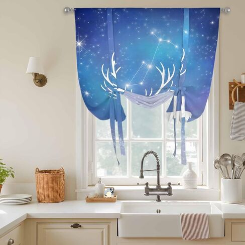 Blue Christmas Deer Tie Up Curtains for Window, Winter Xmas Elk Sky Stars Thermal Insulated Balloon Shade Adjustable Rod Pocket Curtains Valance Panels for Kitchen Bathroom Café 42'' x 63'' in Saudi Arabia
