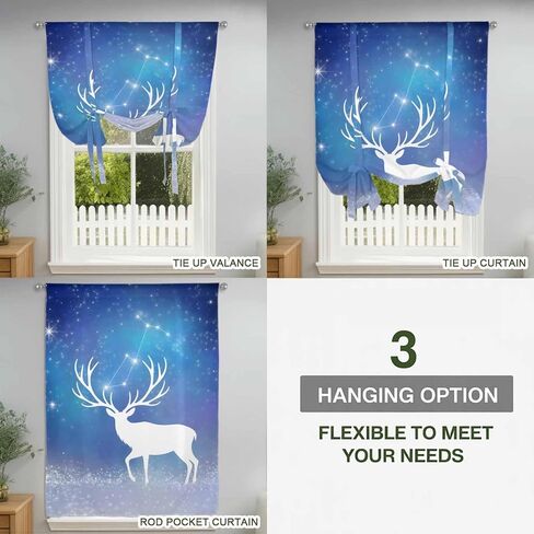 Blue Christmas Deer Tie Up Curtains for Window, Winter Xmas Elk Sky Stars Thermal Insulated Balloon Shade Adjustable Rod Pocket Curtains Valance Panels for Kitchen Bathroom Café 42'' x 63'' in Saudi Arabia