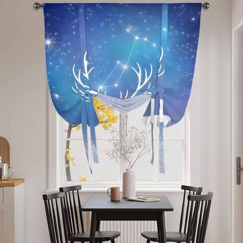 Blue Christmas Deer Tie Up Curtains for Window, Winter Xmas Elk Sky Stars Thermal Insulated Balloon Shade Adjustable Rod Pocket Curtains Valance Panels for Kitchen Bathroom Café 42'' x 63'' in Saudi Arabia