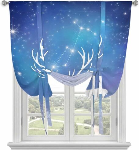 Blue Christmas Deer Tie Up Curtains for Window, Winter Xmas Elk Sky Stars Thermal Insulated Balloon Shade Adjustable Rod Pocket Curtains Valance Panels for Kitchen Bathroom Café 42'' x 63'' in Saudi Arabia