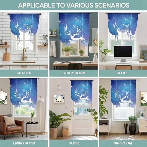 Blue Christmas Deer Tie Up Curtains for Window, Winter Xmas Elk Sky Stars Thermal Insulated Balloon Shade Adjustable Rod Pocket Curtains Valance Panels for Kitchen Bathroom Café 42'' x 63'' in Saudi Arabia