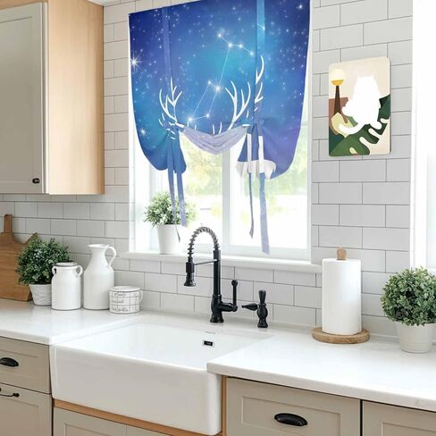 Blue Christmas Deer Tie Up Curtains for Window, Winter Xmas Elk Sky Stars Thermal Insulated Balloon Shade Adjustable Rod Pocket Curtains Valance Panels for Kitchen Bathroom Café 42'' x 63'' in Saudi Arabia