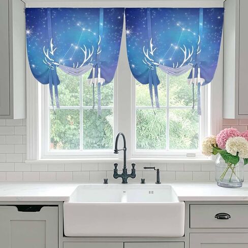 Blue Christmas Deer Tie Up Curtains for Window, Winter Xmas Elk Sky Stars Thermal Insulated Balloon Shade Adjustable Rod Pocket Curtains Valance Panels for Kitchen Bathroom Café 42'' x 63'' in Saudi Arabia