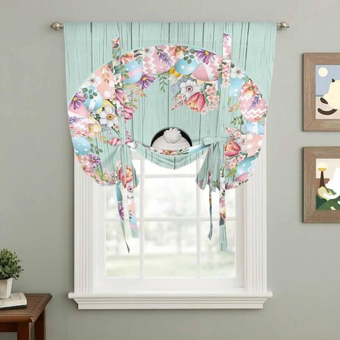 Easter Tie Up Curtains for Window, Bunny Spring Floral Eggs Sage Green Wooden Thermal Insulated Balloon Shade Adjustable Rod Pocket Curtains Valance Panels for Kitchen Bathroom Café 42'' x 63'' in Saudi Arabia