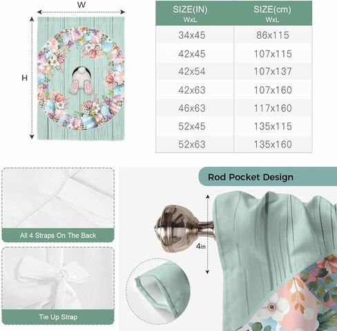 Easter Tie Up Curtains for Window, Bunny Spring Floral Eggs Sage Green Wooden Thermal Insulated Balloon Shade Adjustable Rod Pocket Curtains Valance Panels for Kitchen Bathroom Café 42'' x 63'' in Saudi Arabia