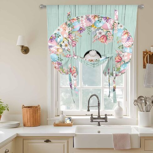 Easter Tie Up Curtains for Window, Bunny Spring Floral Eggs Sage Green Wooden Thermal Insulated Balloon Shade Adjustable Rod Pocket Curtains Valance Panels for Kitchen Bathroom Café 42'' x 63'' in Saudi Arabia