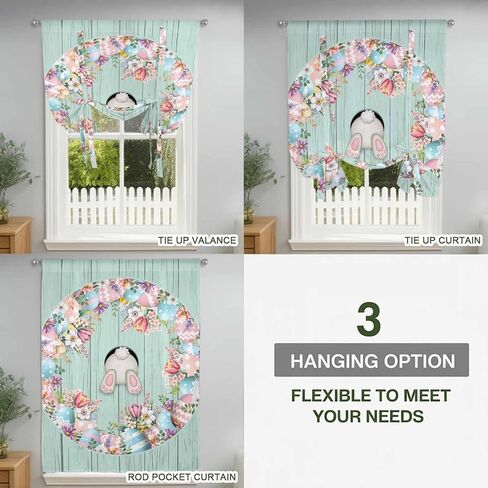 Easter Tie Up Curtains for Window, Bunny Spring Floral Eggs Sage Green Wooden Thermal Insulated Balloon Shade Adjustable Rod Pocket Curtains Valance Panels for Kitchen Bathroom Café 42'' x 63'' in Saudi Arabia