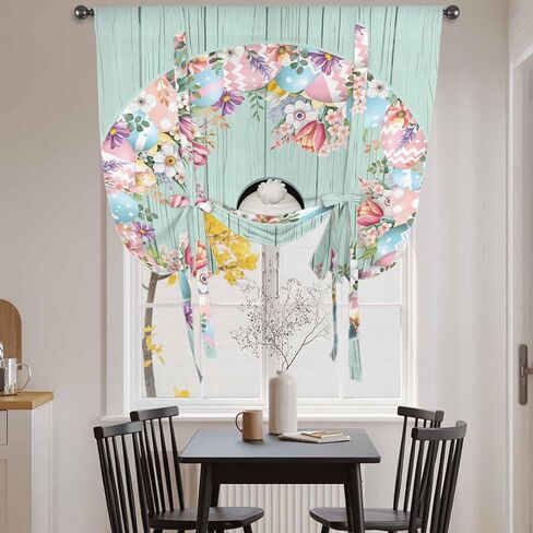 Easter Tie Up Curtains for Window, Bunny Spring Floral Eggs Sage Green Wooden Thermal Insulated Balloon Shade Adjustable Rod Pocket Curtains Valance Panels for Kitchen Bathroom Café 42'' x 63'' in Saudi Arabia