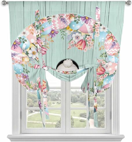 Easter Tie Up Curtains for Window, Bunny Spring Floral Eggs Sage Green Wooden Thermal Insulated Balloon Shade Adjustable Rod Pocket Curtains Valance Panels for Kitchen Bathroom Café 42'' x 63'' in Saudi Arabia