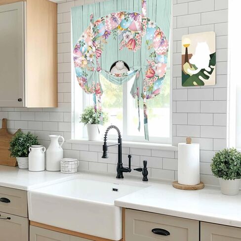 Easter Tie Up Curtains for Window, Bunny Spring Floral Eggs Sage Green Wooden Thermal Insulated Balloon Shade Adjustable Rod Pocket Curtains Valance Panels for Kitchen Bathroom Café 42'' x 63'' in Saudi Arabia