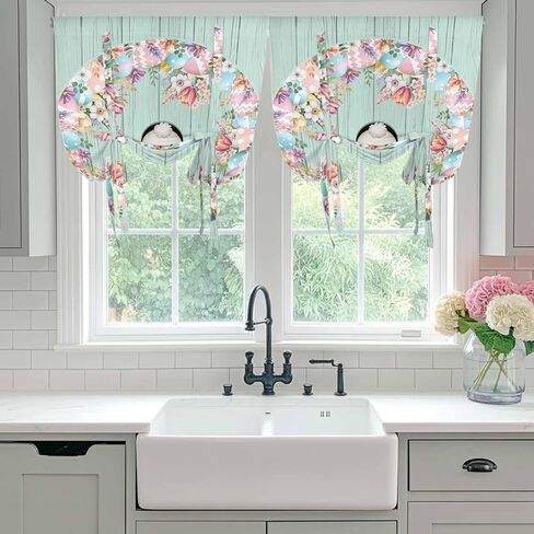 Easter Tie Up Curtains for Window, Bunny Spring Floral Eggs Sage Green Wooden Thermal Insulated Balloon Shade Adjustable Rod Pocket Curtains Valance Panels for Kitchen Bathroom Café 42'' x 63'' in Saudi Arabia