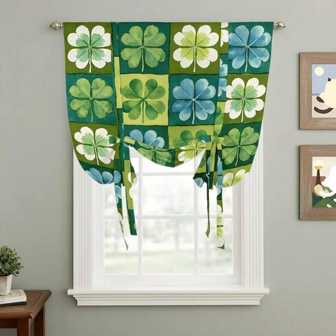 St. Patrick's Day Tie Up Curtains for Window, Green Blue Lucky Shamrocks Rustic Leaves Thermal Balloon Shade Adjustable Rod Pocket Curtains Valance Panels for Kitchen Bathroom Café 42'' x 54'' in Saudi Arabia